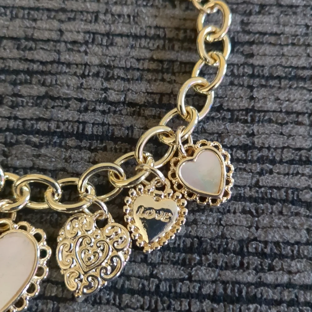 14K Gold Plated Mother of Pearl Heart Charm Bracelet with CZ – Adjustable 7.75